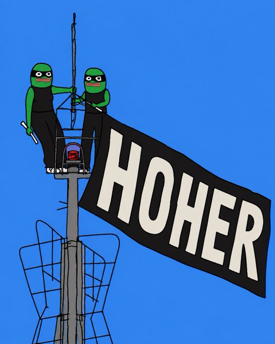Daumenfrosch raising HOHER flag on tower